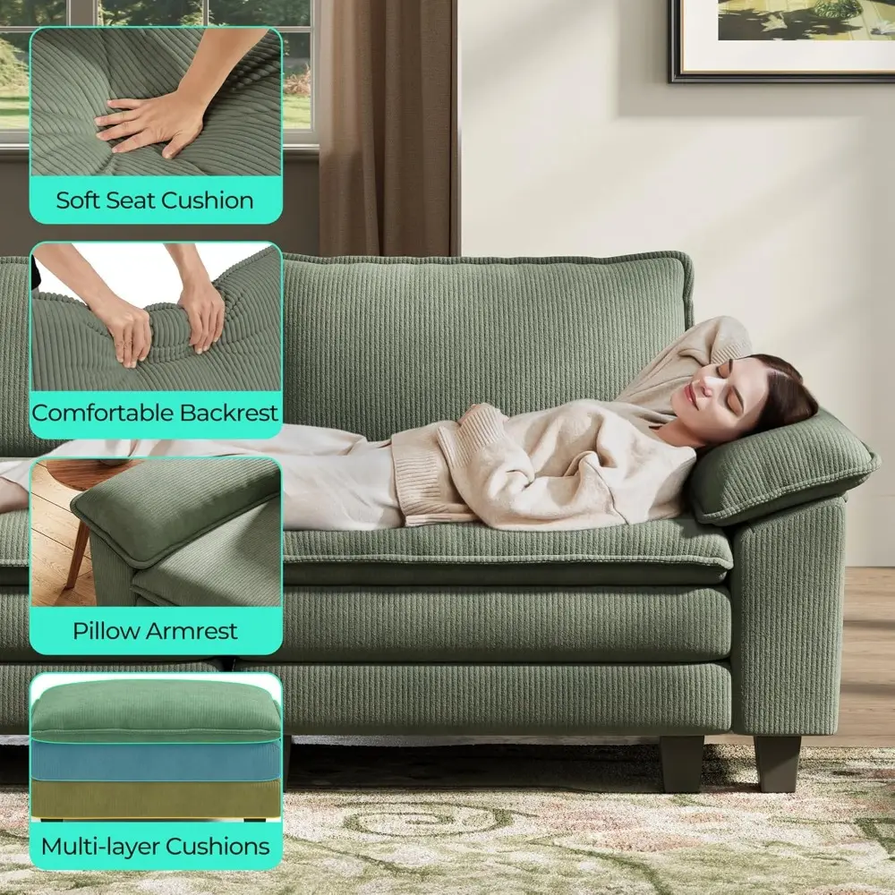 Sectional Loveseat Sofa - 90'' Oversized Corduroy Cloud Couch Soft Modern Comfy Green Loveseat Couch Deep Seat Couches for Livi