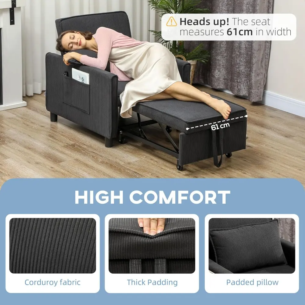 3-in-1 Convertible Chair Bed, Multi-Functional Single Sofa Bed, Pull Out Sleeper Chair with Adjustable Backrest, Pillow, and Po