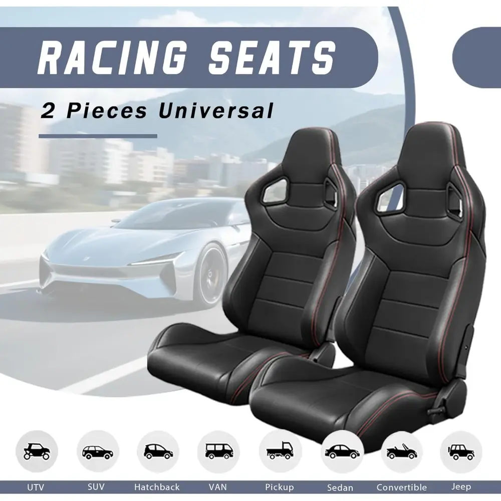 2 Pieces Universal Racing Seats with Dual Lock Sliders, 1 Pair PVC Leather Bucket Seats for Cars (Black)