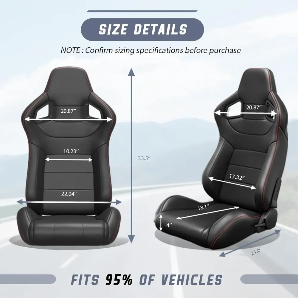 2 Pieces Universal Racing Seats with Dual Lock Sliders, 1 Pair PVC Leather Bucket Seats for Cars (Black)