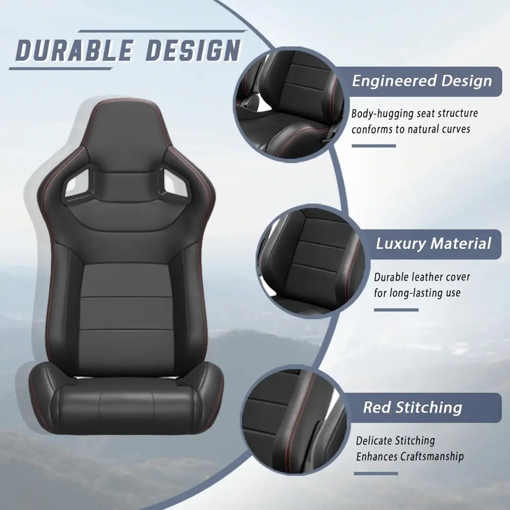 2 Pieces Universal Racing Seats with Dual Lock Sliders, 1 Pair PVC Leather Bucket Seats for Cars (Black)