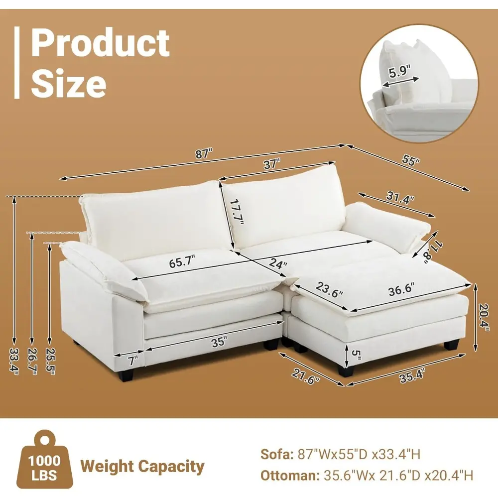 87" Convertible Sectional Sofa,L-Shaped Deep Seat Sofa Couch for Living Room,Modern 2-Seat Loveseat Sofa with Ottoman for Small