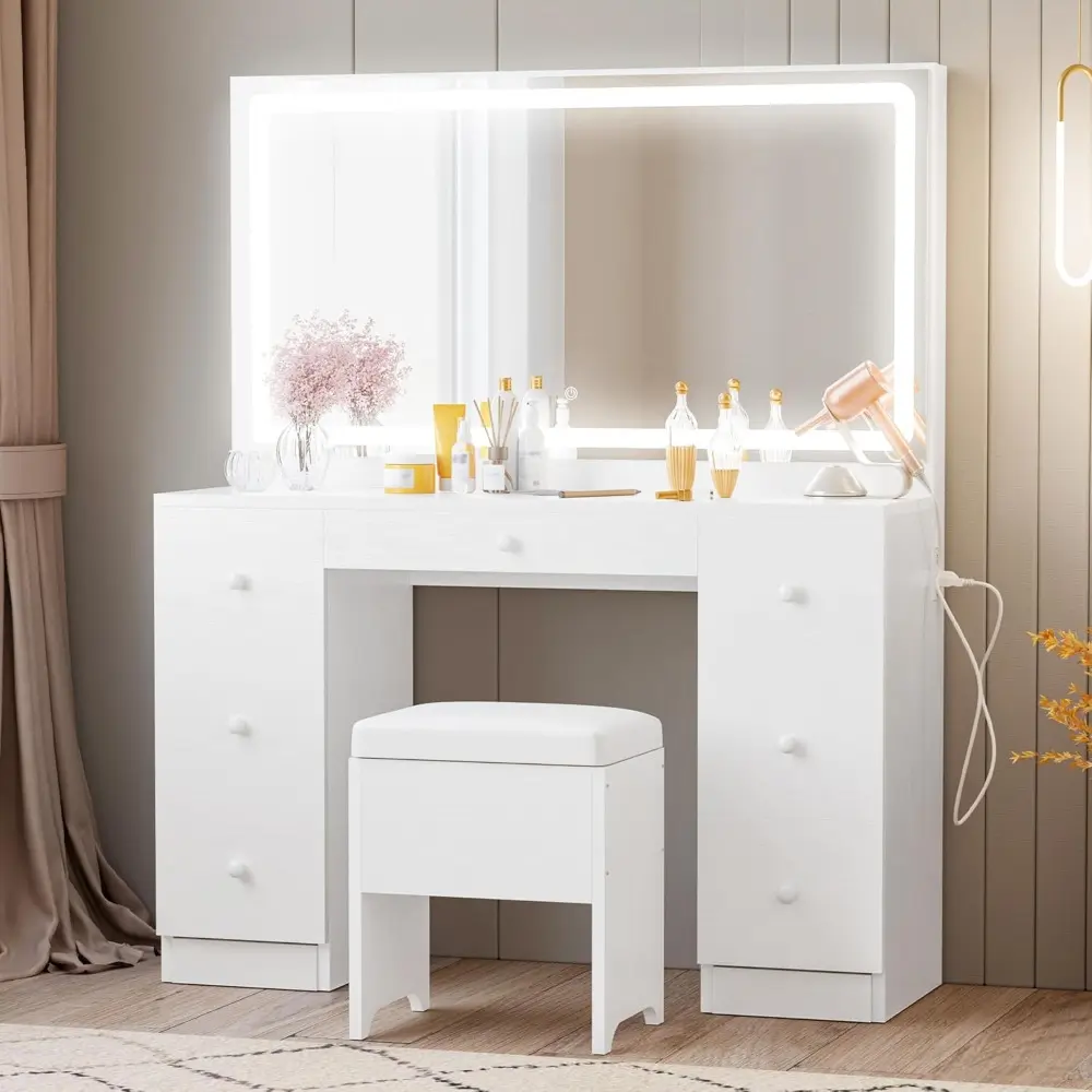 Vanity Desk with LED Lighted Mirror & Power Outlet, 7 Drawers Makeup Vanities Table with Stool, Dressing Table for Bedroom, Whi