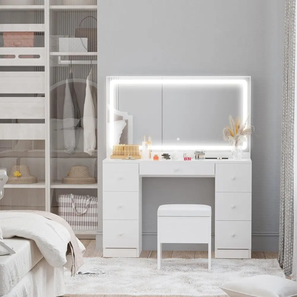 Vanity Desk with LED Lighted Mirror & Power Outlet, 7 Drawers Makeup Vanities Table with Stool, Dressing Table for Bedroom, Whi
