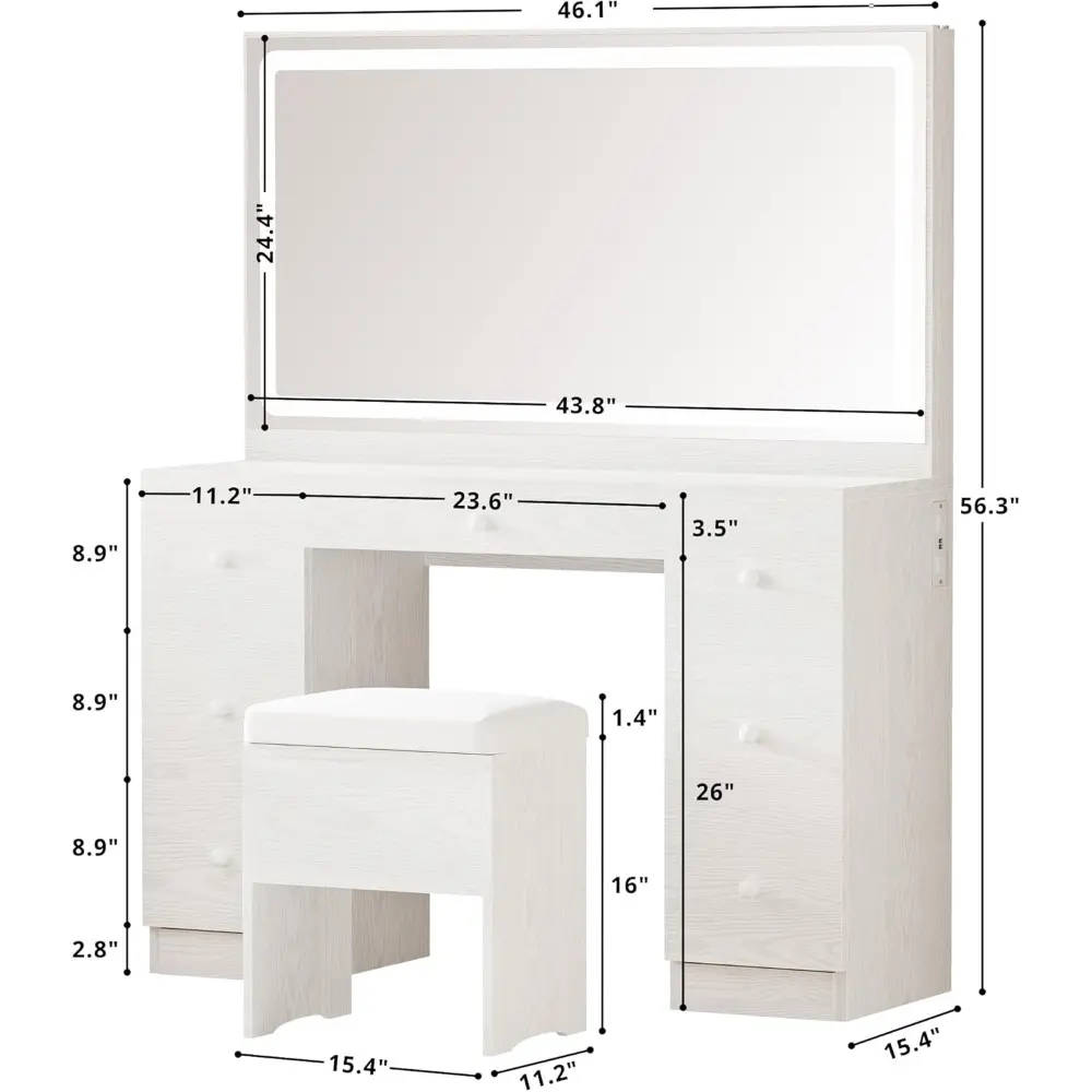 Vanity Desk with LED Lighted Mirror & Power Outlet, 7 Drawers Makeup Vanities Table with Stool, Dressing Table for Bedroom, Whi