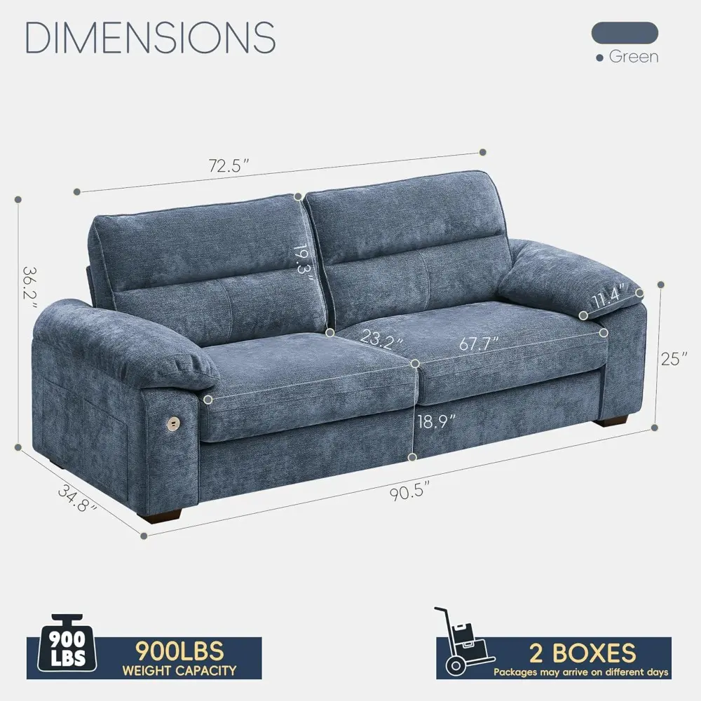 90" Modern Sofa for Living Room, Deep Seat Chenille Couch with Fast Charging Port & Removable Washable Cushions, Pillow-Armrest