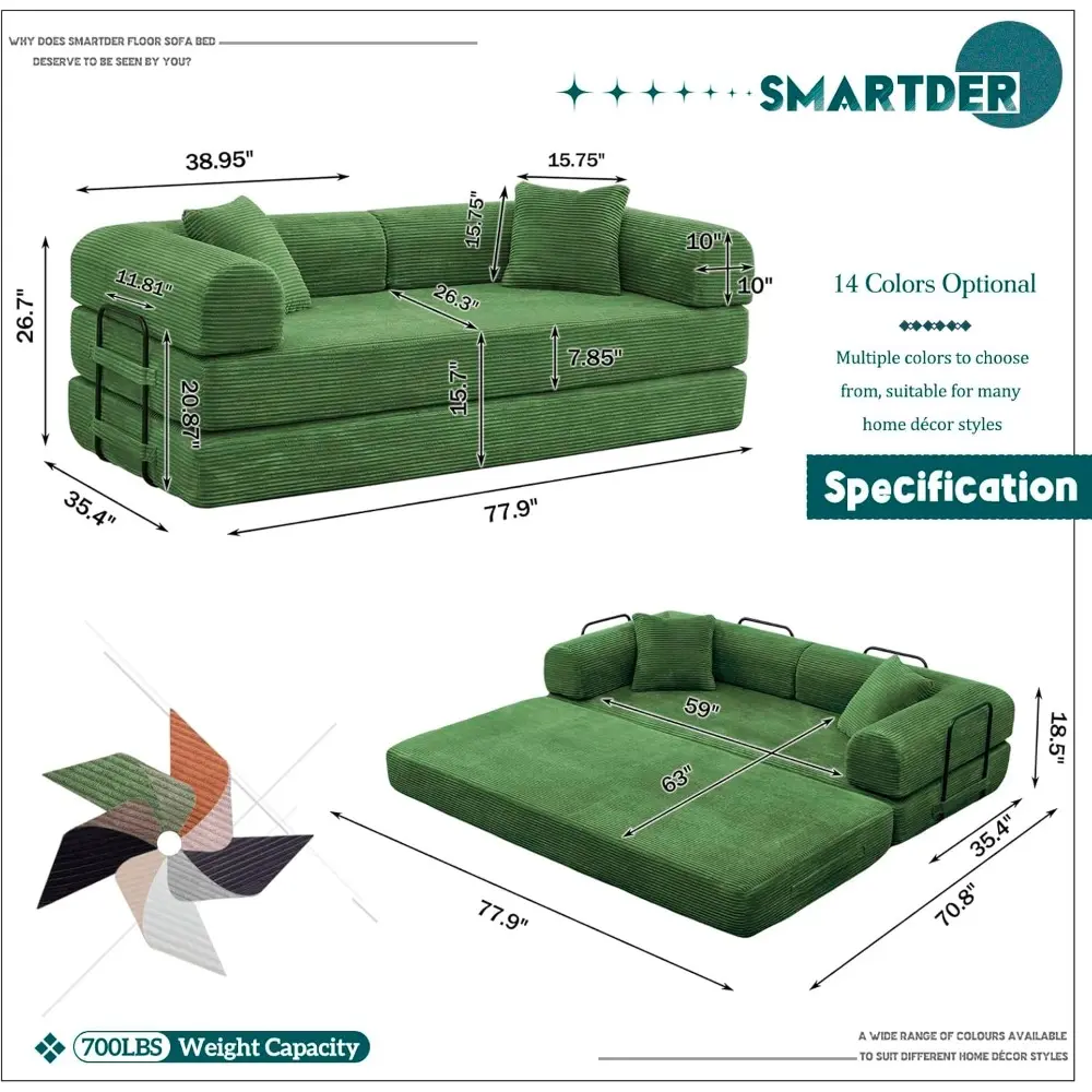 Convertible Folding Sofa Bed, Modular Floor Sofa with Removable Backrest, 3-Seater Fold Out Couch Bed with Pillows, King Size Fu
