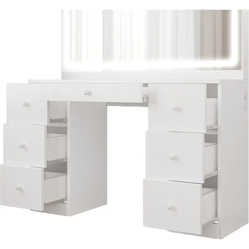 Vanity Desk with LED Lighted Mirror & Power Outlet, 7 Drawers Makeup Vanities Table with Stool, Dressing Table for Bedroom, Whi
