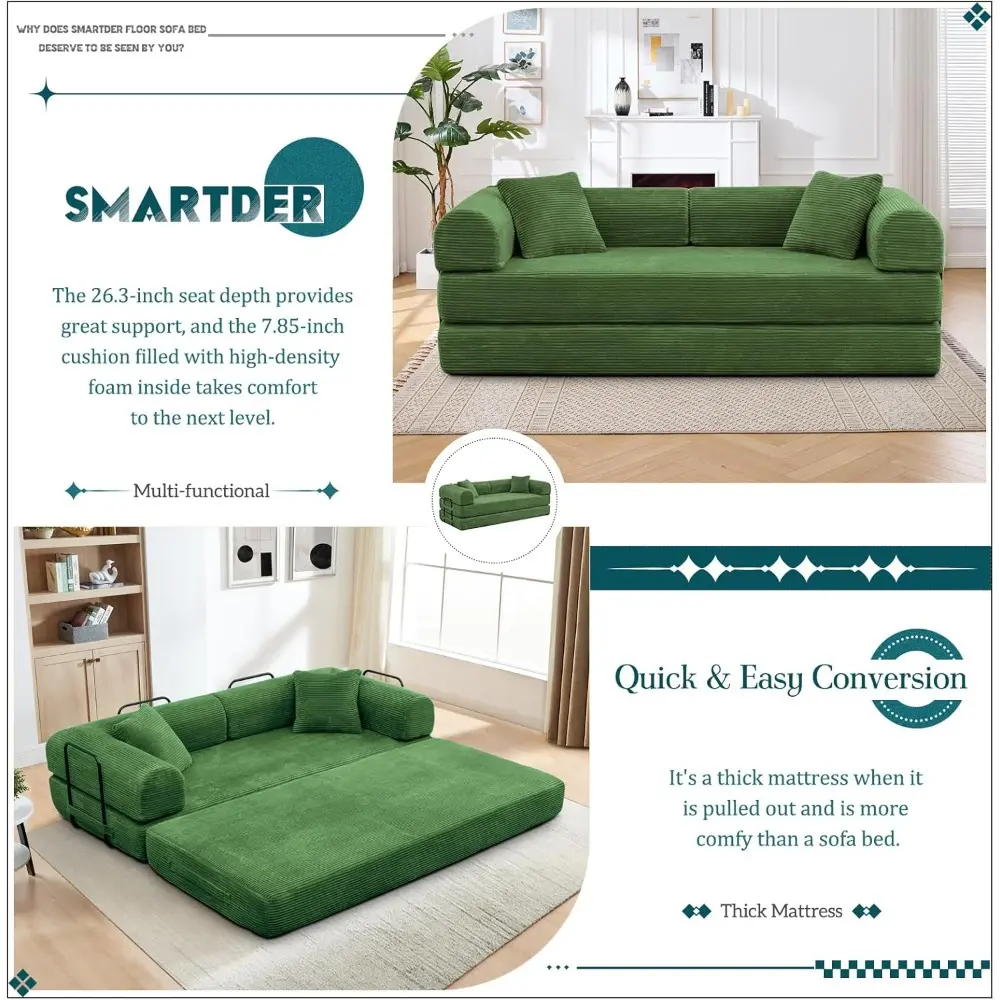 Convertible Folding Sofa Bed, Modular Floor Sofa with Removable Backrest, 3-Seater Fold Out Couch Bed with Pillows, King Size Fu