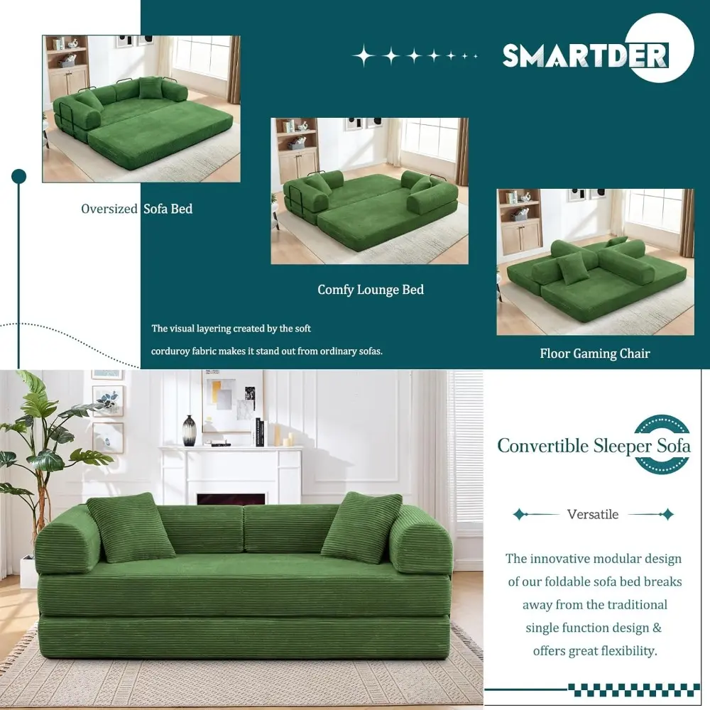 Convertible Folding Sofa Bed, Modular Floor Sofa with Removable Backrest, 3-Seater Fold Out Couch Bed with Pillows, King Size Fu