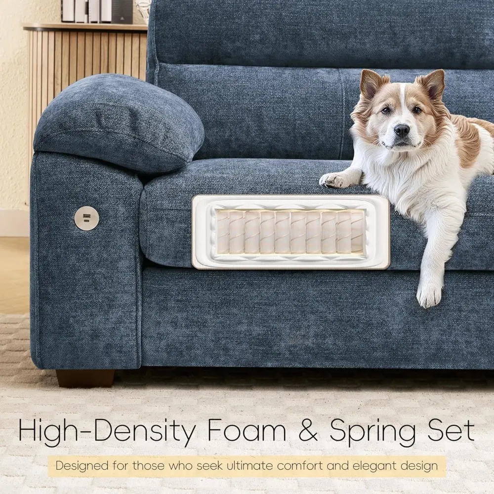 90" Modern Sofa for Living Room, Deep Seat Chenille Couch with Fast Charging Port & Removable Washable Cushions, Pillow-Armrest
