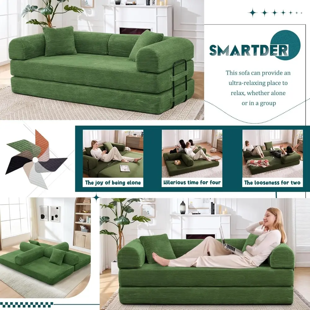 Convertible Folding Sofa Bed, Modular Floor Sofa with Removable Backrest, 3-Seater Fold Out Couch Bed with Pillows, King Size Fu