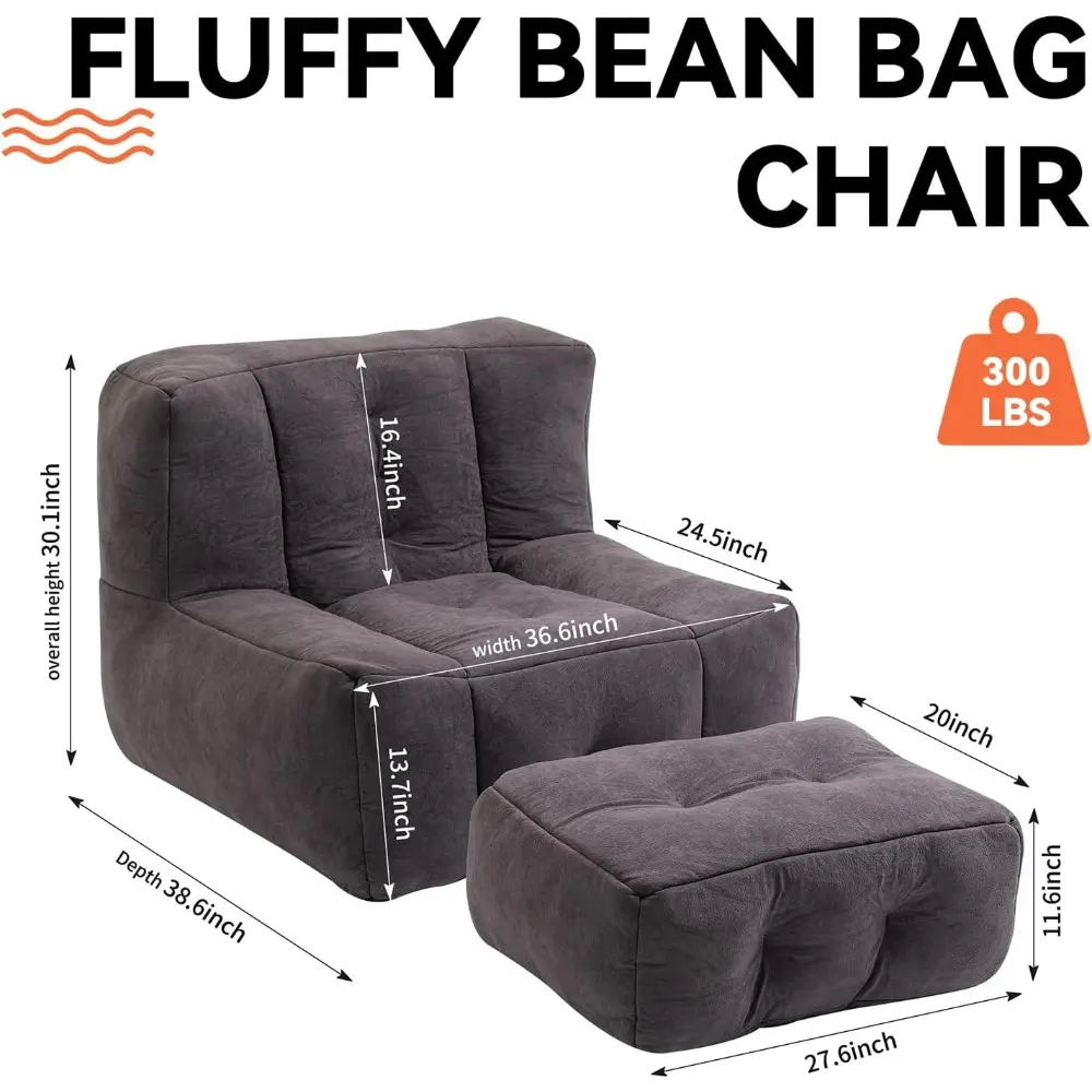 Fluffy Bean Bag Chair, Comfy Bean Bag Chairs, Super Soft Lazy Sofa Chair with Memory Foam and Ottoman, Modern Bean Bag Chair fo
