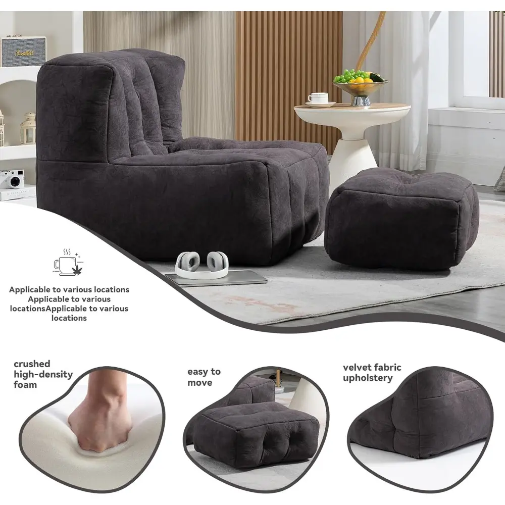 Fluffy Bean Bag Chair, Comfy Bean Bag Chairs, Super Soft Lazy Sofa Chair with Memory Foam and Ottoman, Modern Bean Bag Chair fo