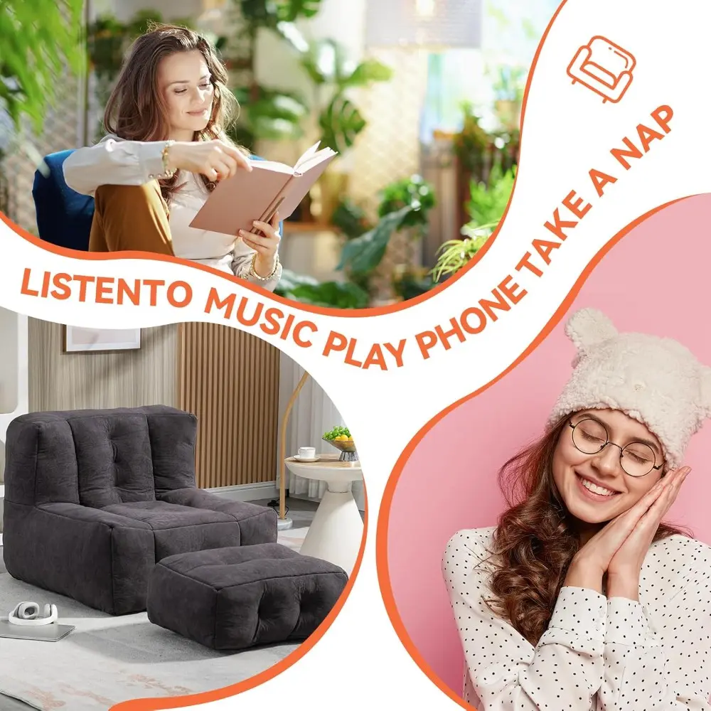 Fluffy Bean Bag Chair, Comfy Bean Bag Chairs, Super Soft Lazy Sofa Chair with Memory Foam and Ottoman, Modern Bean Bag Chair fo