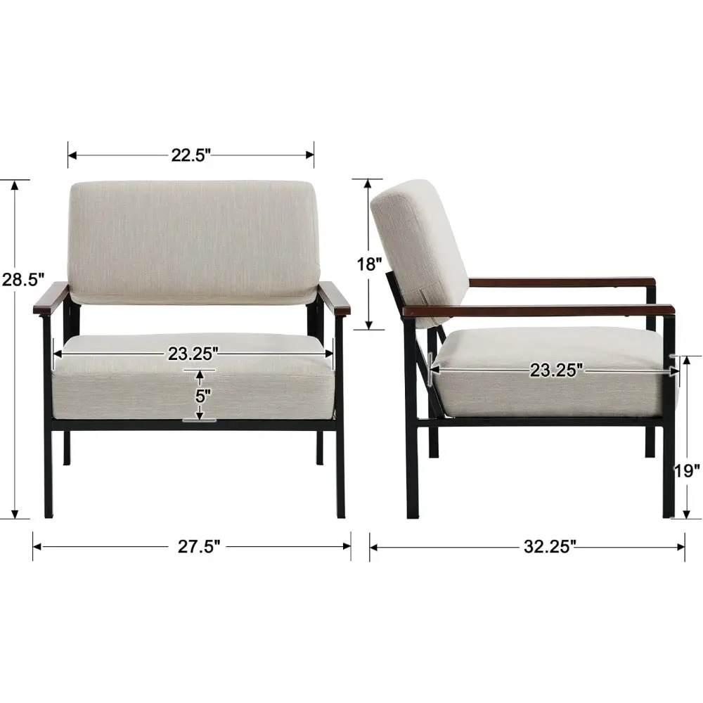 Mid Century Modern Accent Chair Arm Chairs, Comfy Armchair Linen Upholstered with Black Metal, Beige