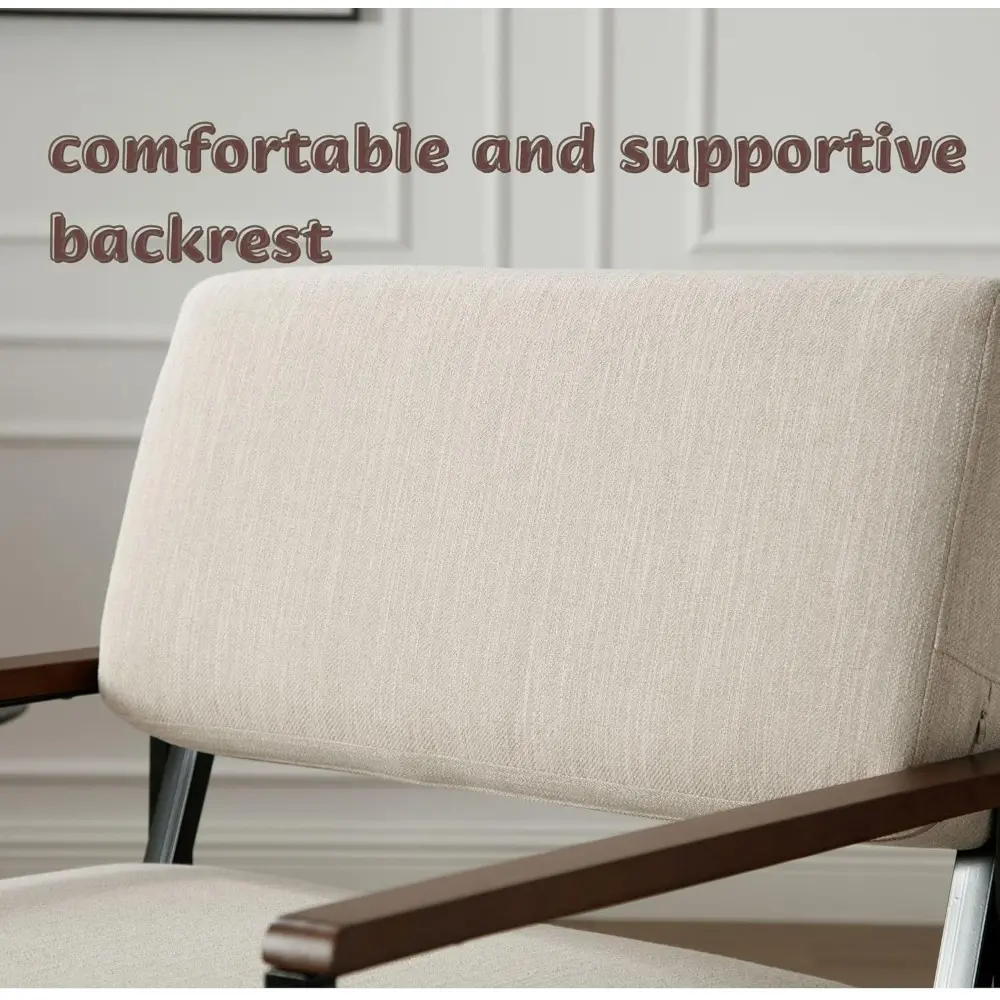 Mid Century Modern Accent Chair Arm Chairs, Comfy Armchair Linen Upholstered with Black Metal, Beige