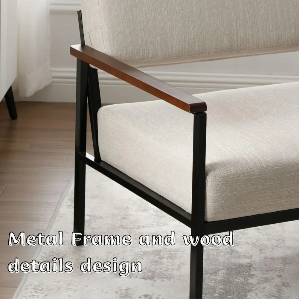 Mid Century Modern Accent Chair Arm Chairs, Comfy Armchair Linen Upholstered with Black Metal, Beige