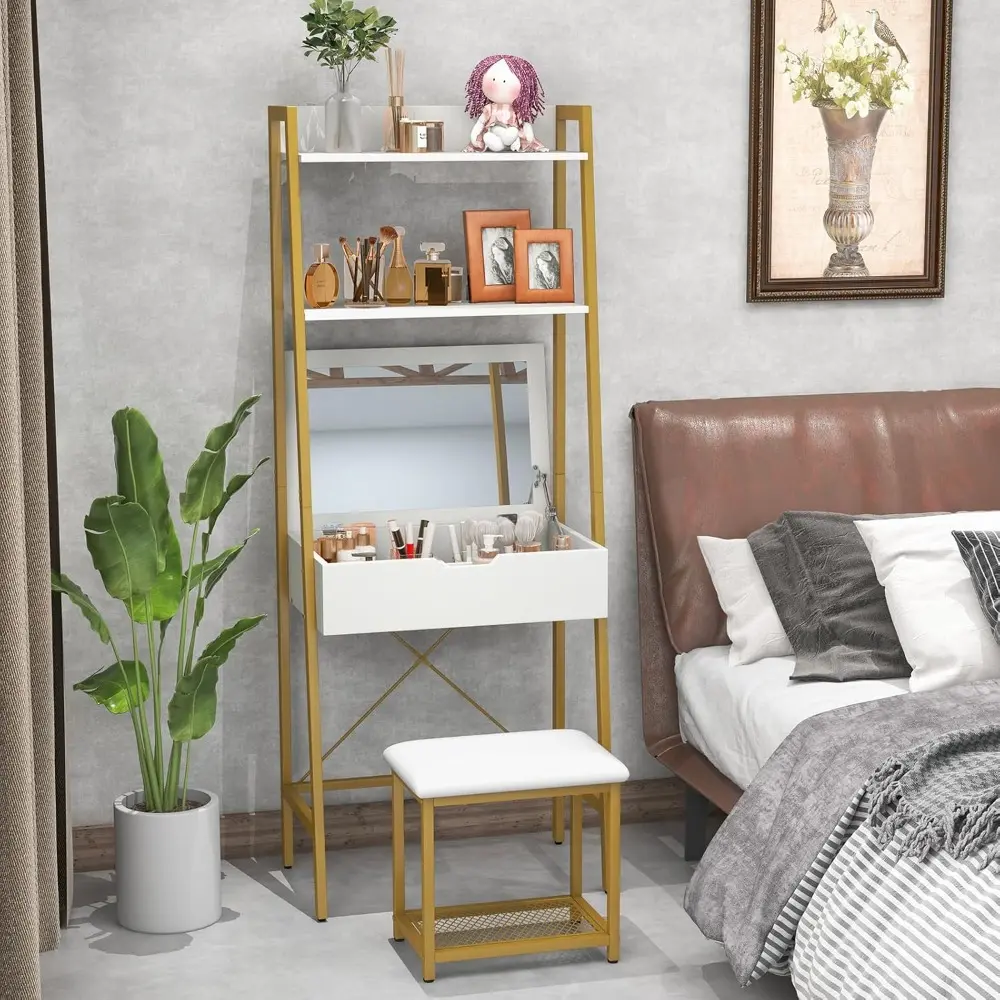 Vanity Set with Mirror, Ladder Dressing Table with Cushioned Stool & Flip-Top Mirror, 4 Storage Compartments, Open Shelves, Mak