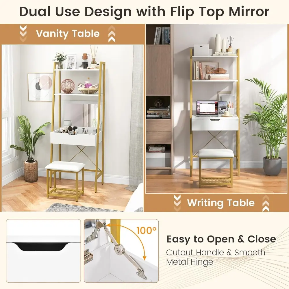 Vanity Set with Mirror, Ladder Dressing Table with Cushioned Stool & Flip-Top Mirror, 4 Storage Compartments, Open Shelves, Mak