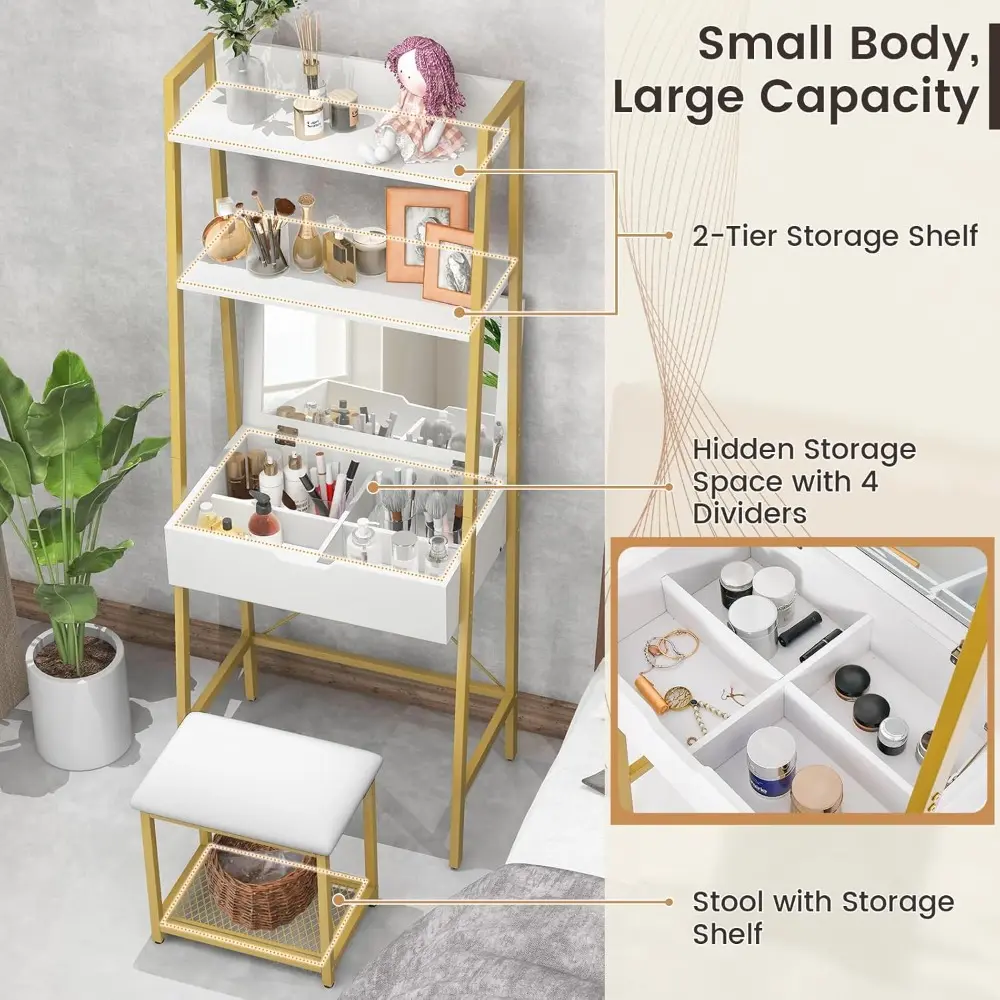 Vanity Set with Mirror, Ladder Dressing Table with Cushioned Stool & Flip-Top Mirror, 4 Storage Compartments, Open Shelves, Mak