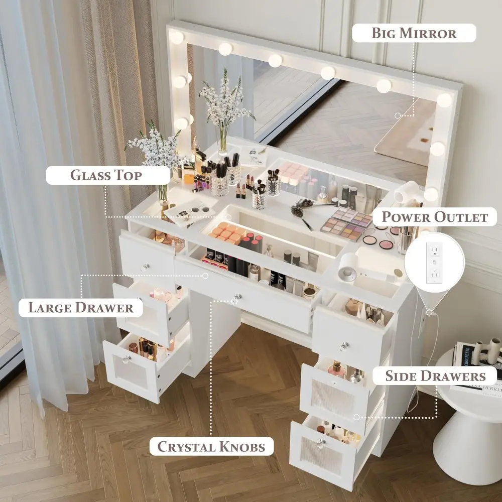 Vanity Desk with Mirror and Lights 3 Colors, Glass Top Vanity with 7 Lighted Drawers & Power Outlet, Makeup Desk with Mirror for