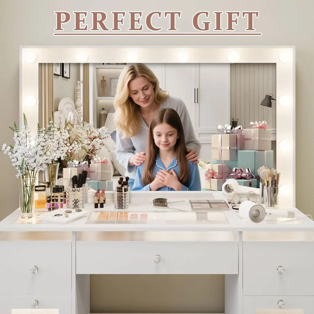 Vanity Desk with Mirror and Lights 3 Colors, Glass Top Vanity with 7 Lighted Drawers & Power Outlet, Makeup Desk with Mirror for