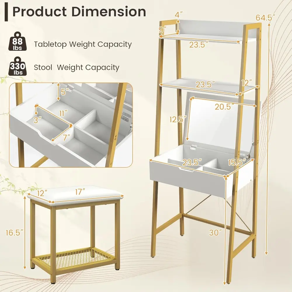 Vanity Set with Mirror, Ladder Dressing Table with Cushioned Stool & Flip-Top Mirror, 4 Storage Compartments, Open Shelves, Mak