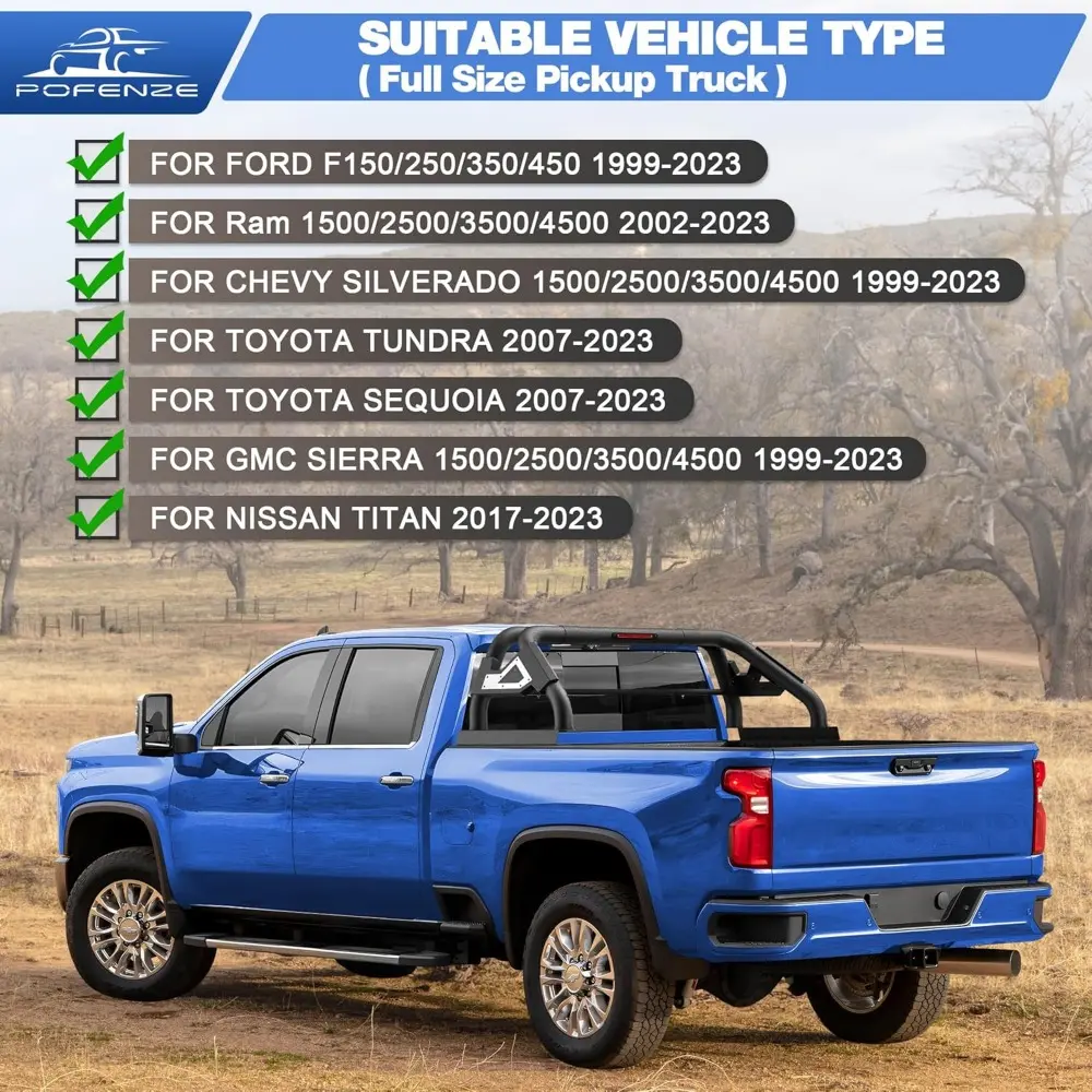 Roll Bar for Full Size Trucks Adjustable Chase Rack Sport Bar for Truck Compatible with Ford F150 & Ram & Chevy Silverado & Toyo