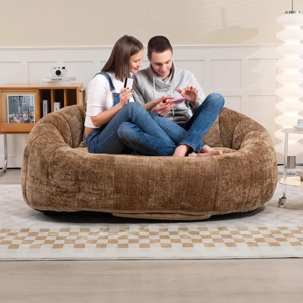 Oversized Bean Bag Chair for Adults Kids 2 Seat Bean Bag Sofa with 2 Pillows, Comfy Chenille Upholstered Fireside Chair Memory F