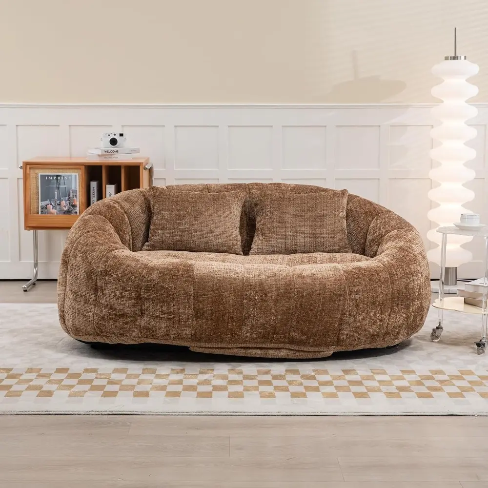 Oversized Bean Bag Chair for Adults Kids 2 Seat Bean Bag Sofa with 2 Pillows, Comfy Chenille Upholstered Fireside Chair Memory F