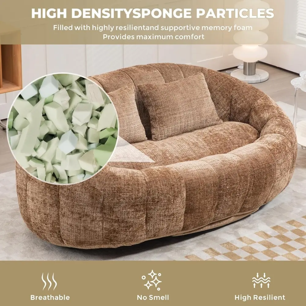 Oversized Bean Bag Chair for Adults Kids 2 Seat Bean Bag Sofa with 2 Pillows, Comfy Chenille Upholstered Fireside Chair Memory F