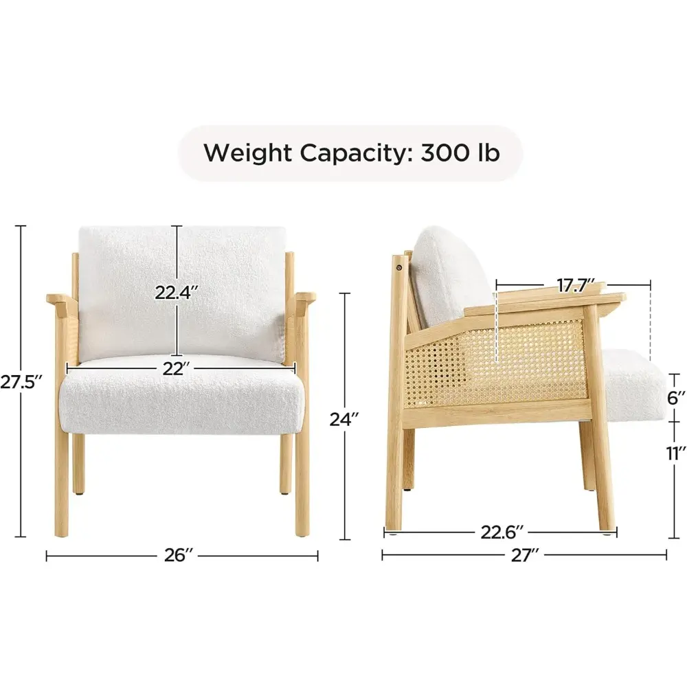 Accent Chair, Boucle Vanity Chair with Rattan Back Arms, Mid Century Chair Upholstered Living Room Chair