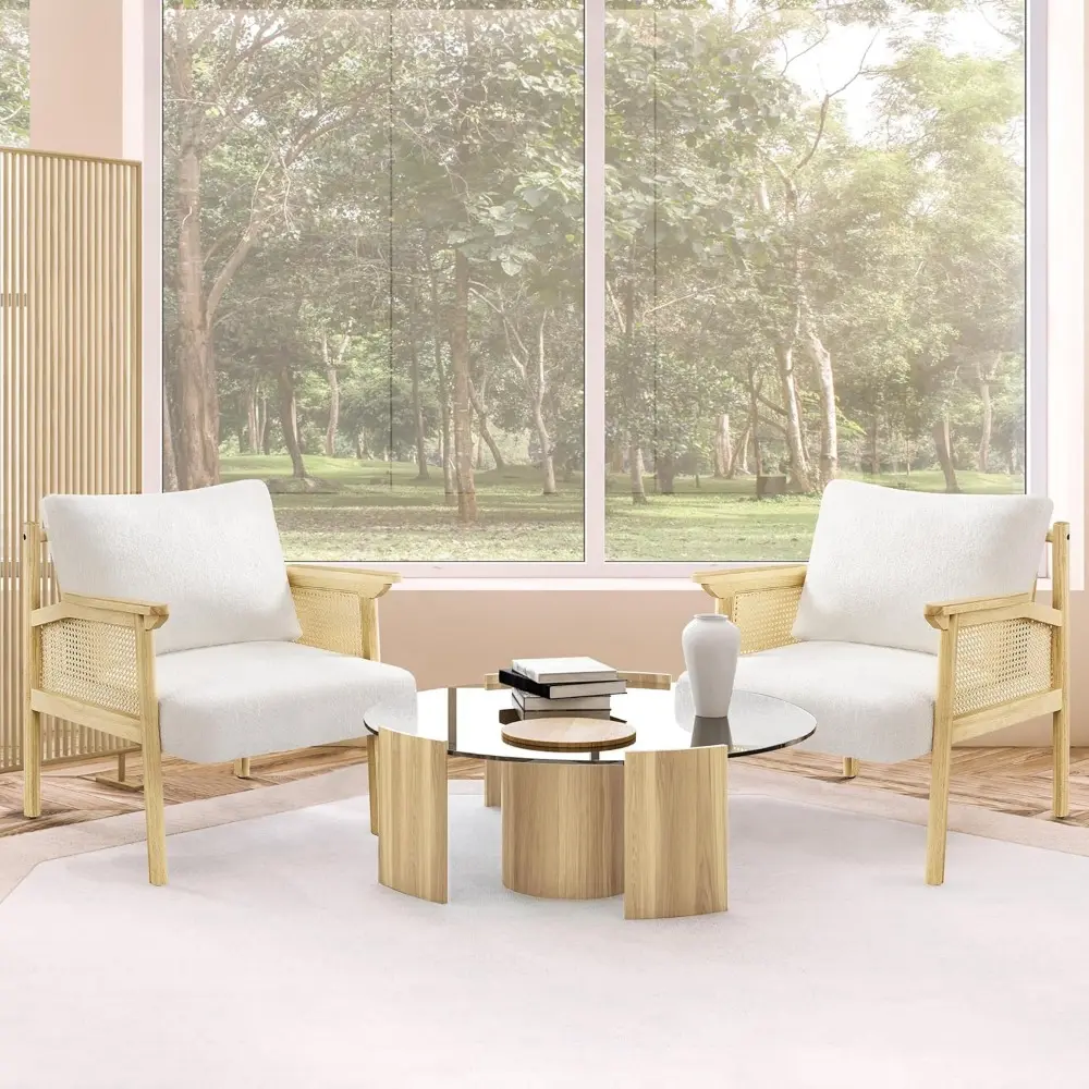 Accent Chair, Boucle Vanity Chair with Rattan Back Arms, Mid Century Chair Upholstered Living Room Chair