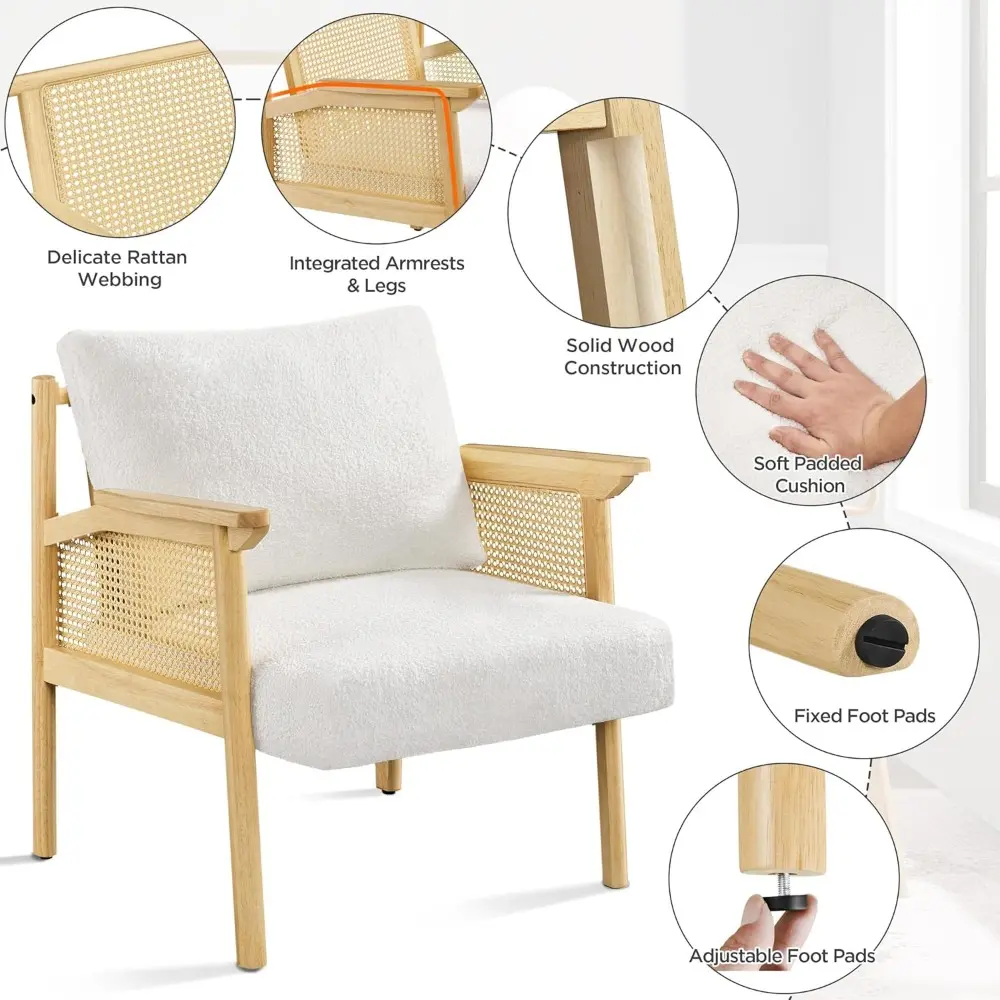 Accent Chair, Boucle Vanity Chair with Rattan Back Arms, Mid Century Chair Upholstered Living Room Chair