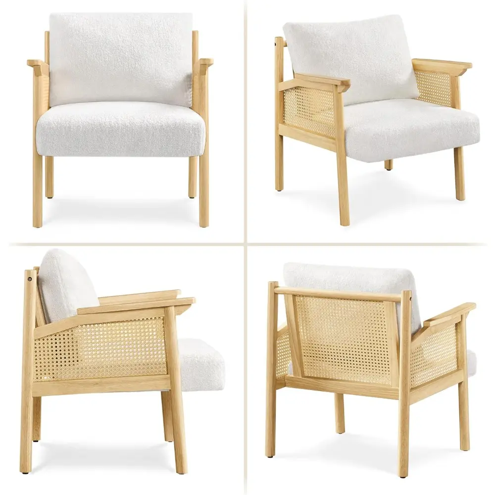 Accent Chair, Boucle Vanity Chair with Rattan Back Arms, Mid Century Chair Upholstered Living Room Chair