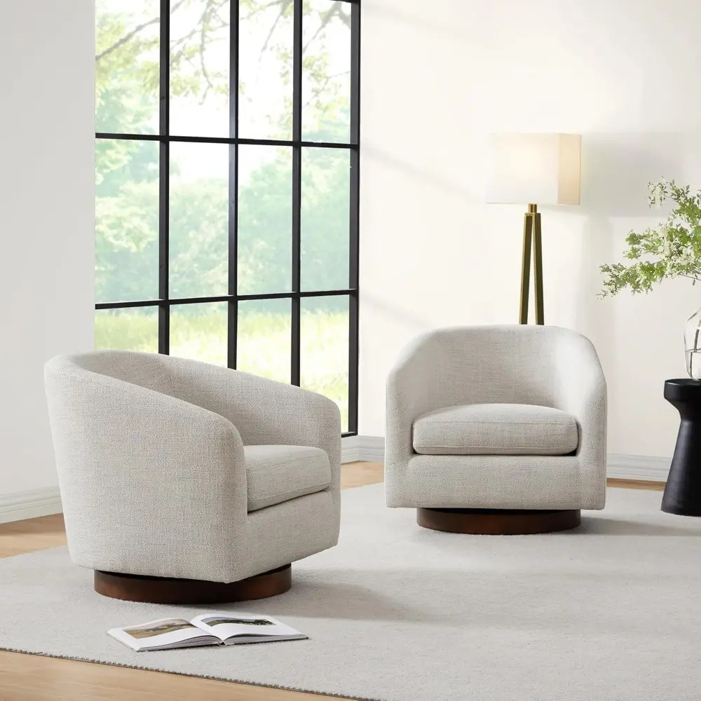 Swivel Accent Chair, FSC Certified Upholstered Fabric Barrel Chair for Living Room Set of 2, Fully Assembled, Ivory