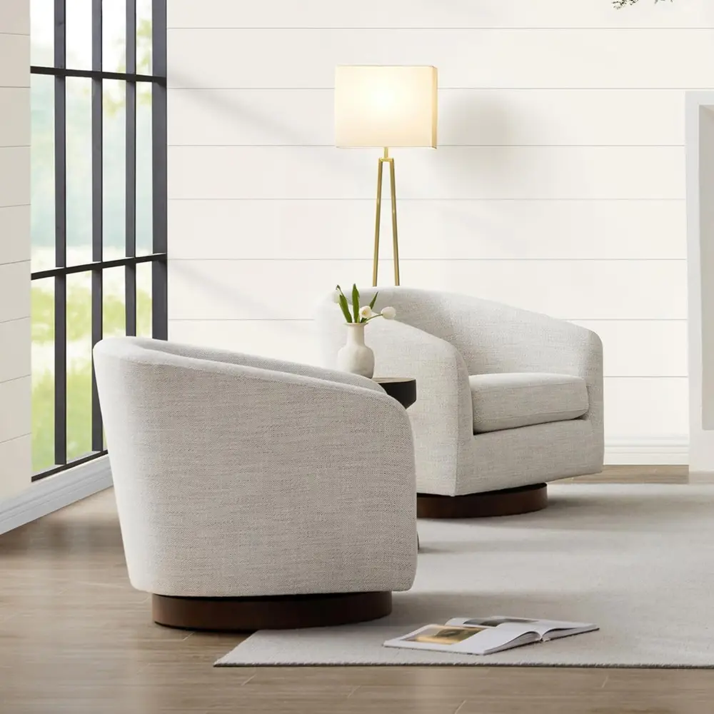 Swivel Accent Chair, FSC Certified Upholstered Fabric Barrel Chair for Living Room Set of 2, Fully Assembled, Ivory
