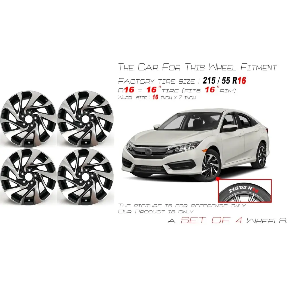 New 16x7 Inch 16” Alloy Wheel for 2016–2021 Honda Civic | OEM Design Replacement Rim | Machined Black Finish | Set of Front or R