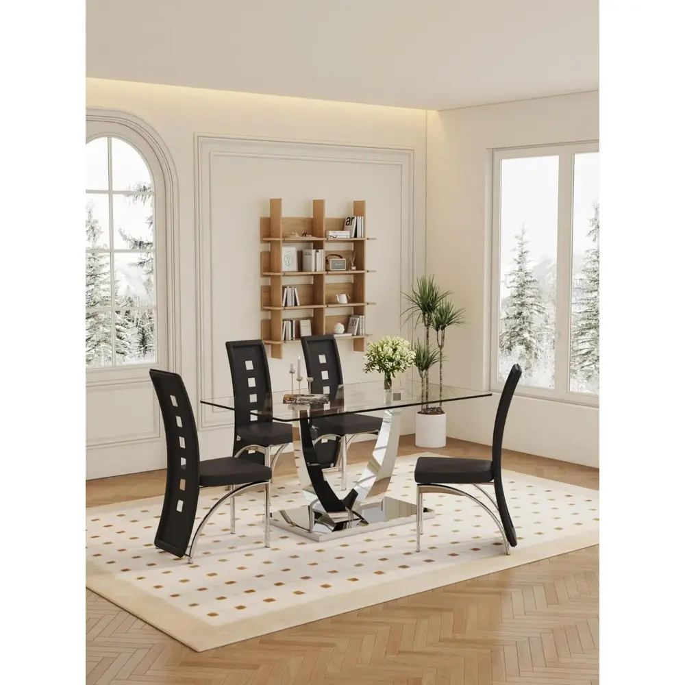 Modern Dining Chairs Set of 4, Black Dining Room Chairs Set of 4, Upholstered Faux Leather Kitchen Chairs with Silver Metal Legs