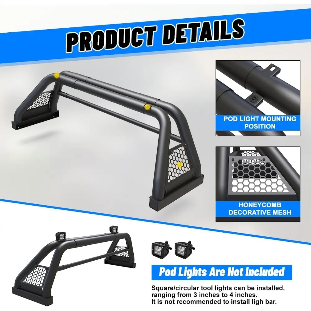 Roll Bed Bar for Truck Adjustable Chase Rack Roll Bar with Light Mount Universal Sport Bar Fits Full Size Pickup Truck