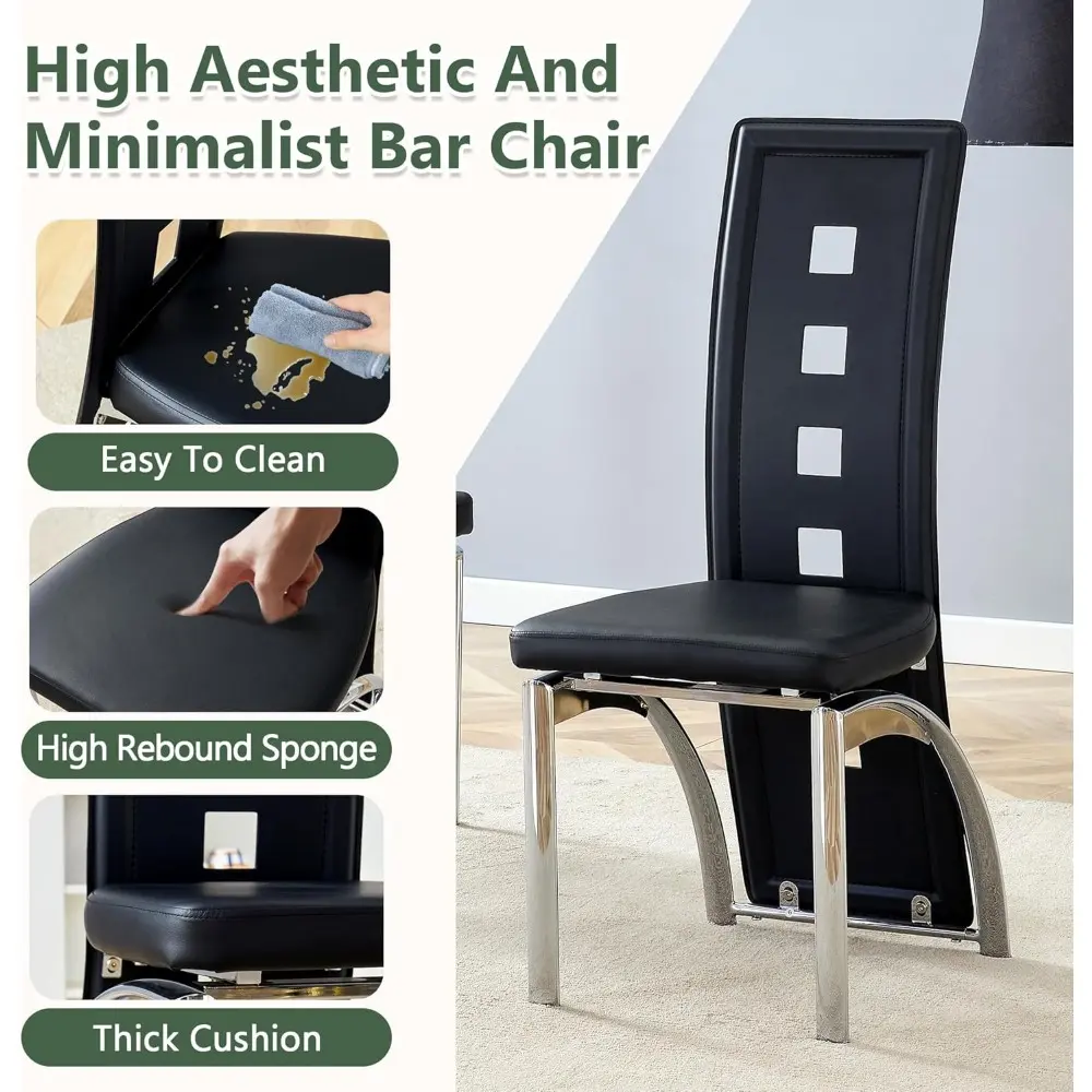 Modern Dining Chairs Set of 4, Black Dining Room Chairs Set of 4, Upholstered Faux Leather Kitchen Chairs with Silver Metal Legs