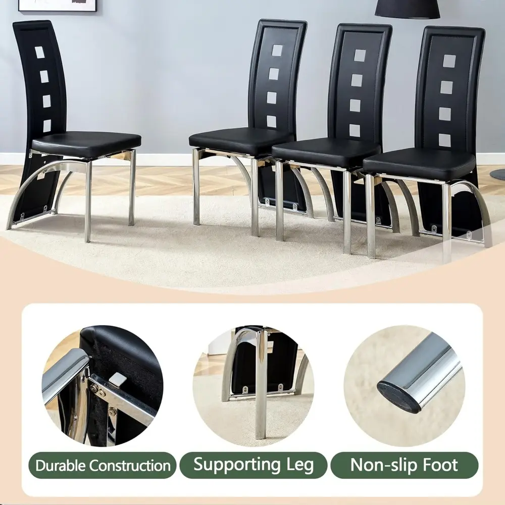 Modern Dining Chairs Set of 4, Black Dining Room Chairs Set of 4, Upholstered Faux Leather Kitchen Chairs with Silver Metal Legs