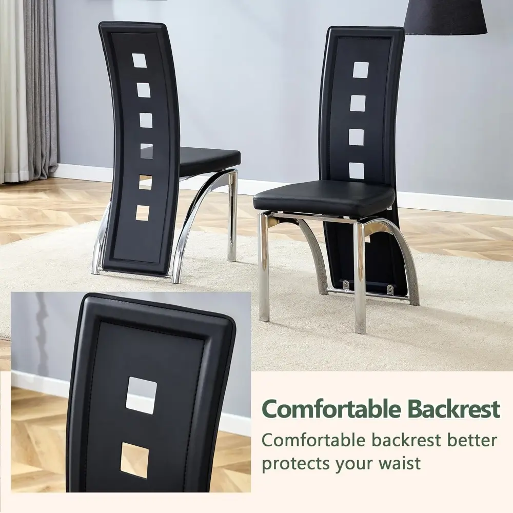 Modern Dining Chairs Set of 4, Black Dining Room Chairs Set of 4, Upholstered Faux Leather Kitchen Chairs with Silver Metal Legs