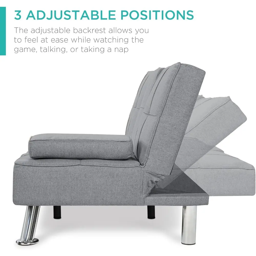 Linen Modern Folding Futon, Reclining Sofa Bed for Apartment, Dorm w/Removable Armrests, 2 Cupholders - Gray