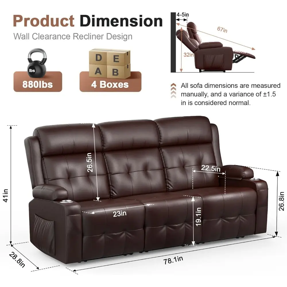 Recliner Sofa, Massage Reclining 3 Seater Sofa Sets Heavy Weight Capacity, RV Loveseat Clearance, Recliner Couch with Storage, C