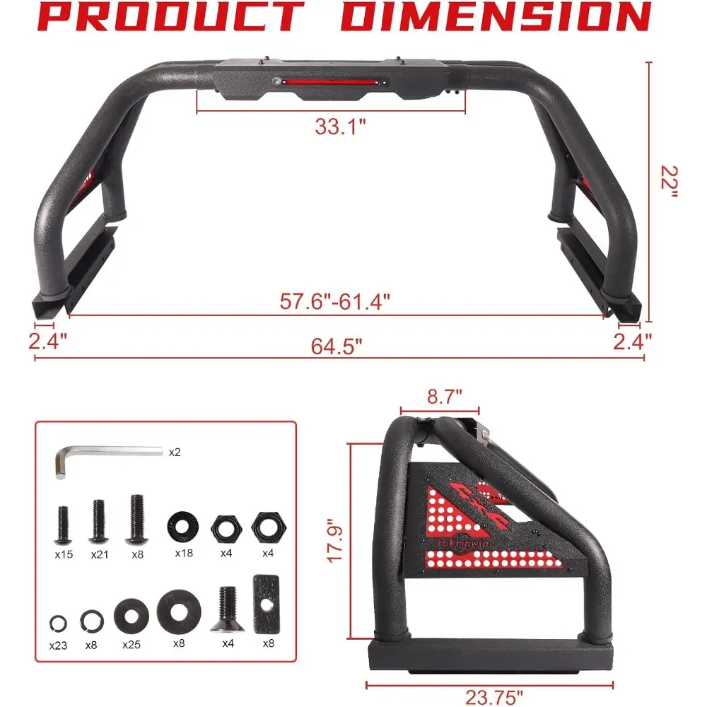 Universal Truck Sport Roll Bar for Mid Size Pickup Truck, Adjustable Sport Chase Rack Roll Bar Compatible with Gladiator, Tacoma
