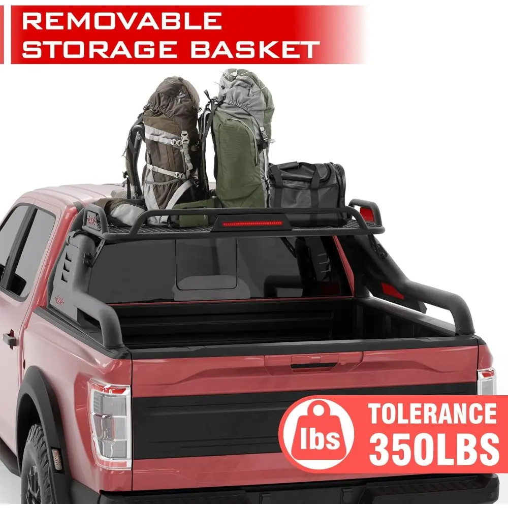 Truck Roll Bar with Cargo Carrier Basket, Adjustable Sport Rack Roll Bars Chase Rack Fit for Ford F-150/F-250/F-350,Dodge Ram,GM