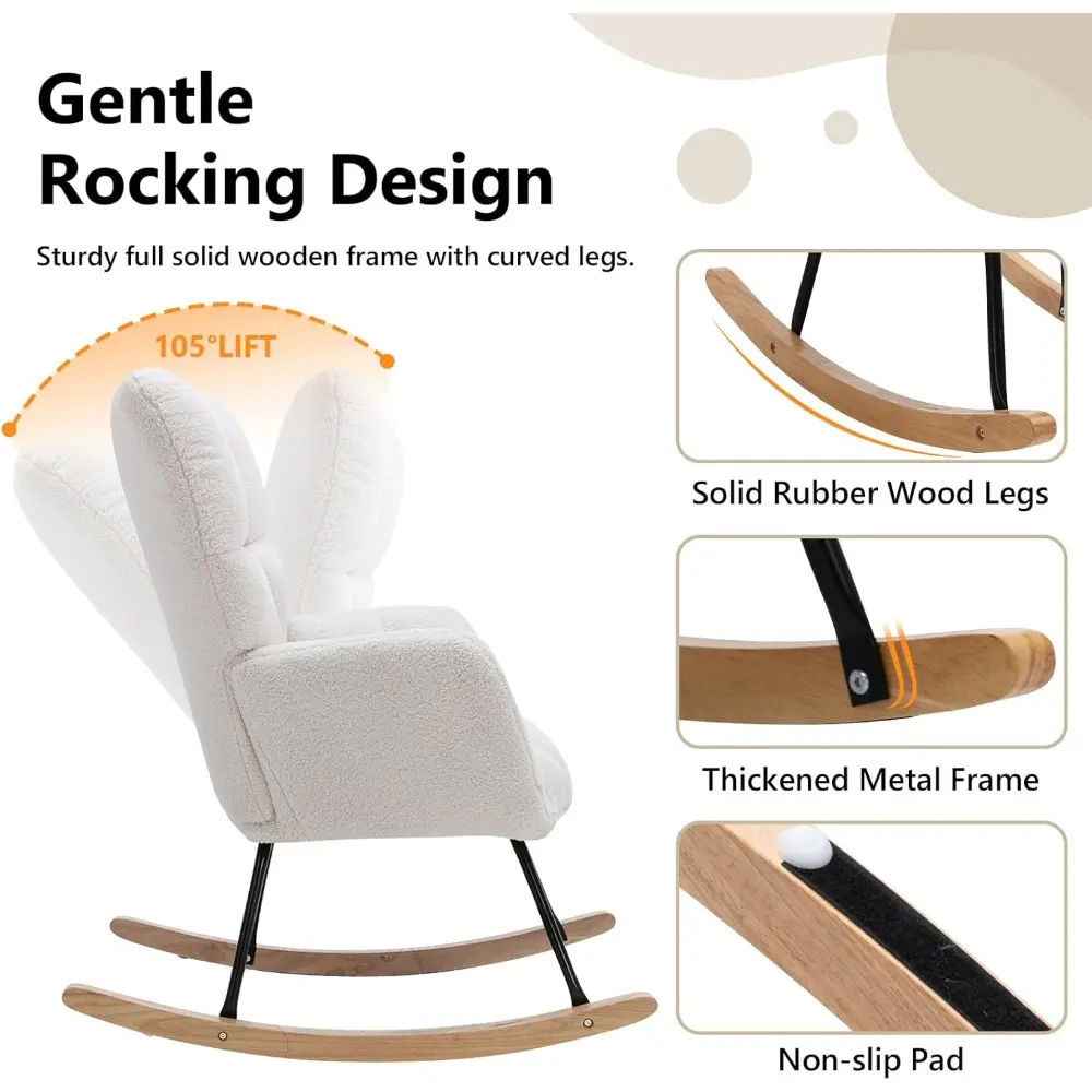 Nursery Rocking Chair Teddy Upholstered Glider Rocker Rocking Accent Chair Padded Seat with High Backrest Armchair Comfy Side C