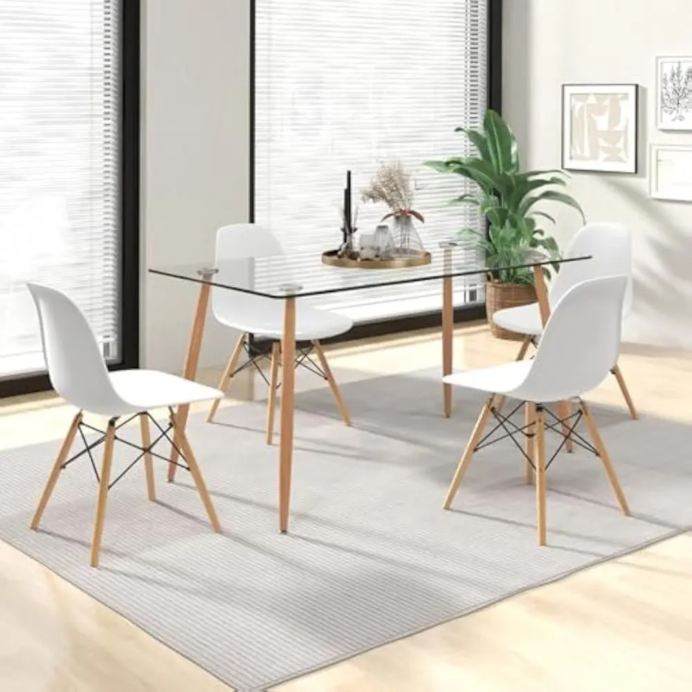 4-Person Rectangular Glass Dining Table with White DSW Chairs Modern Breakfast Nook Set